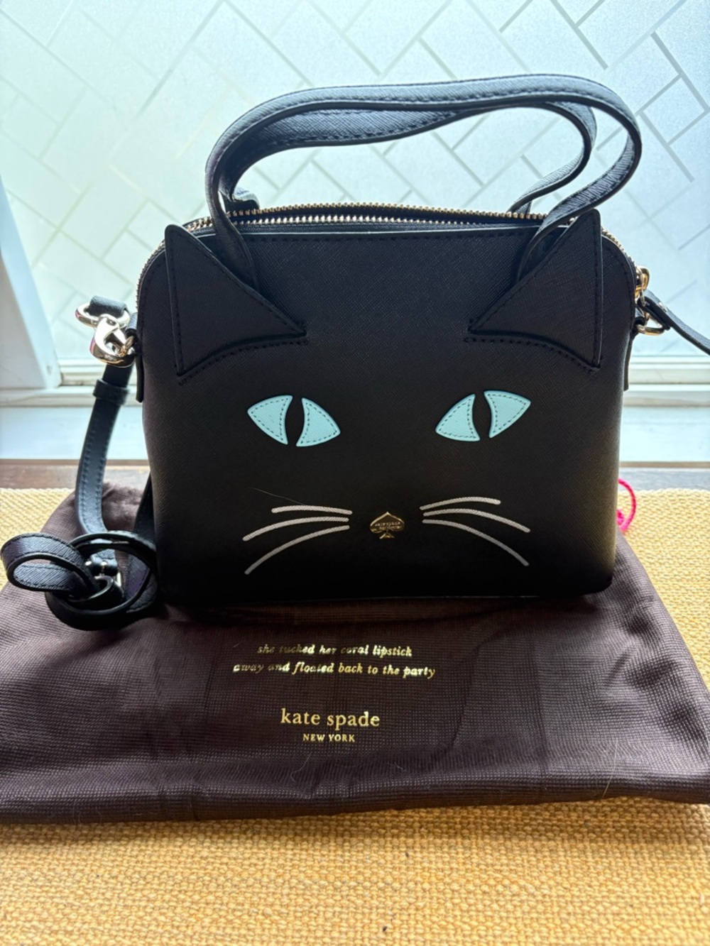 Kate Spade Black Leather Cat's Meow Cat Lottie Satchel RARE